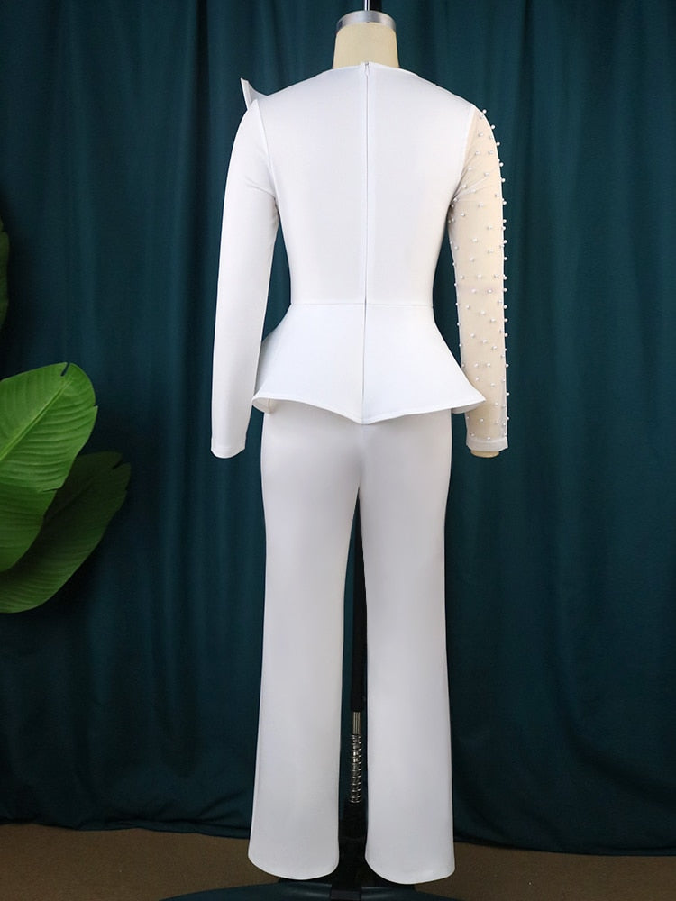 Big Size Women Dressy Jumpsuit Vintage Beaded Patchwork Romper Long Sleeve Straight Wide Leg Elegant Party Birthday Evening 4XL