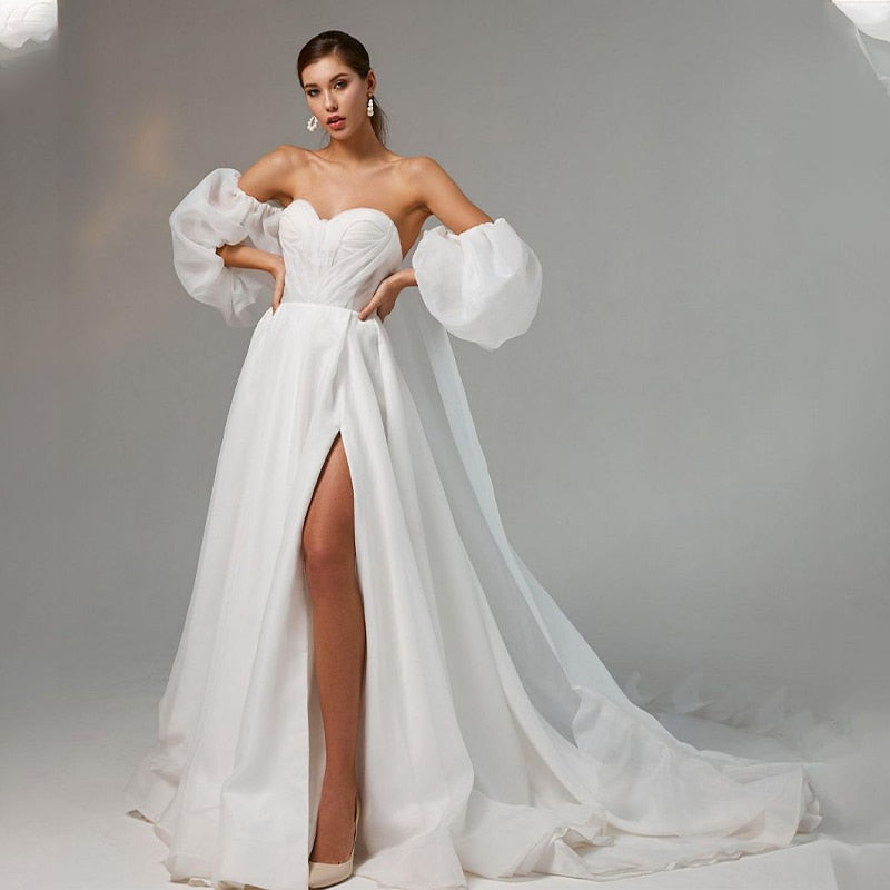 Sweetheart Princess Wedding Dresses With Removable Sleeve Shawl Side Split Bridal Dresses Vestido De Novia Corset Wedding Gowns