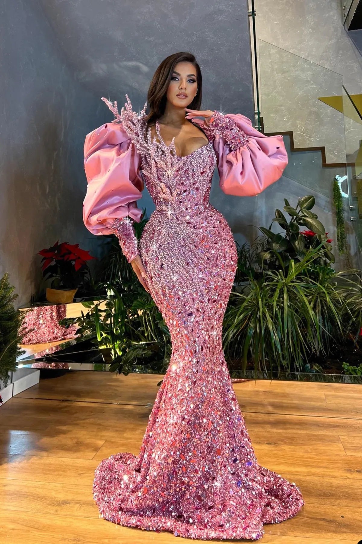 Sparkle Pink Mermaid Evening Dresses Puff Sleeves Prom Gowns Custom Made Crystals Sequined Party Dresses