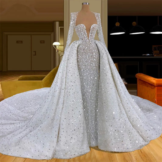Sparking See Through Mermaid Wedding Dresses Sequins V Neck Bridal Gowns Custom Made Dubai Detachable Train Vestido de novia
