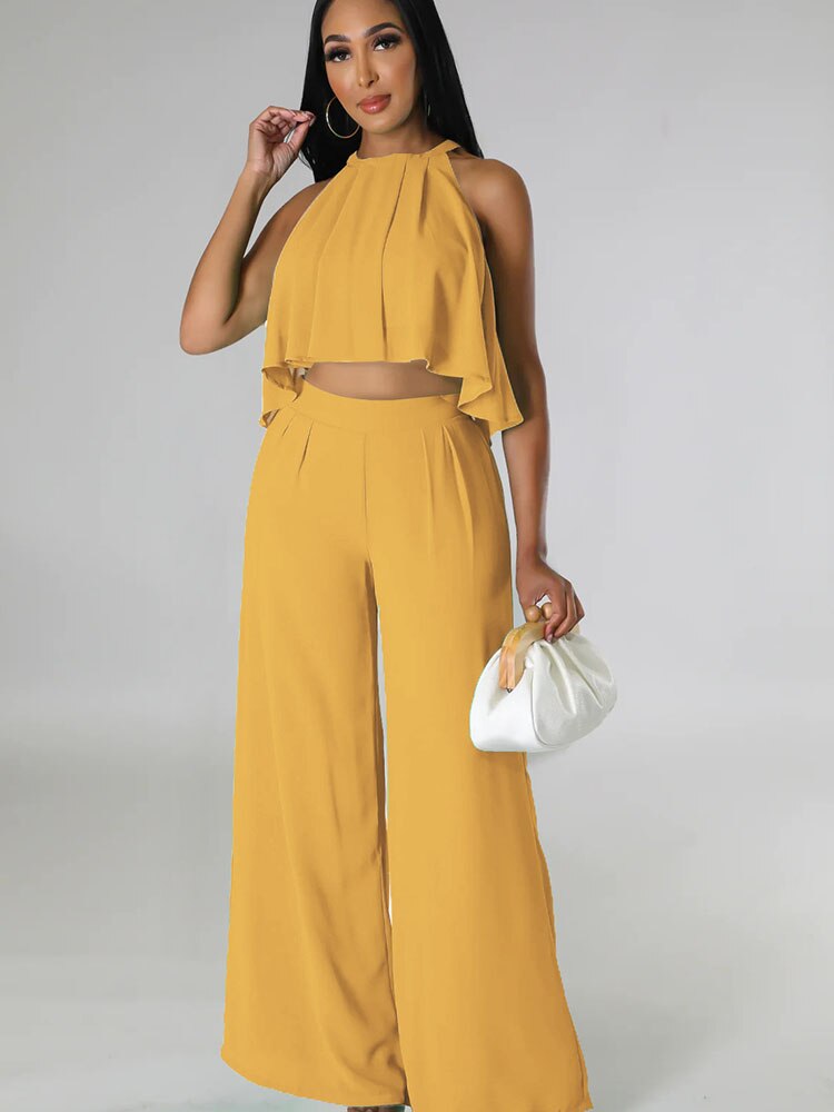 Znaiml Summer Sleeveless Ruffles Crop Top Loose Wide Leg Pants Suit for Women Clothes Chiffon Two Piece Set Vacation Club Outfit