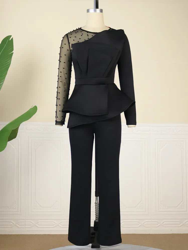 Jumpsuit for Women Dressy Elegant Beaded Long Sleeve High Waisted Peplum Wide Leg Party Club Rompers 1 Piece Outfit Fall 2023