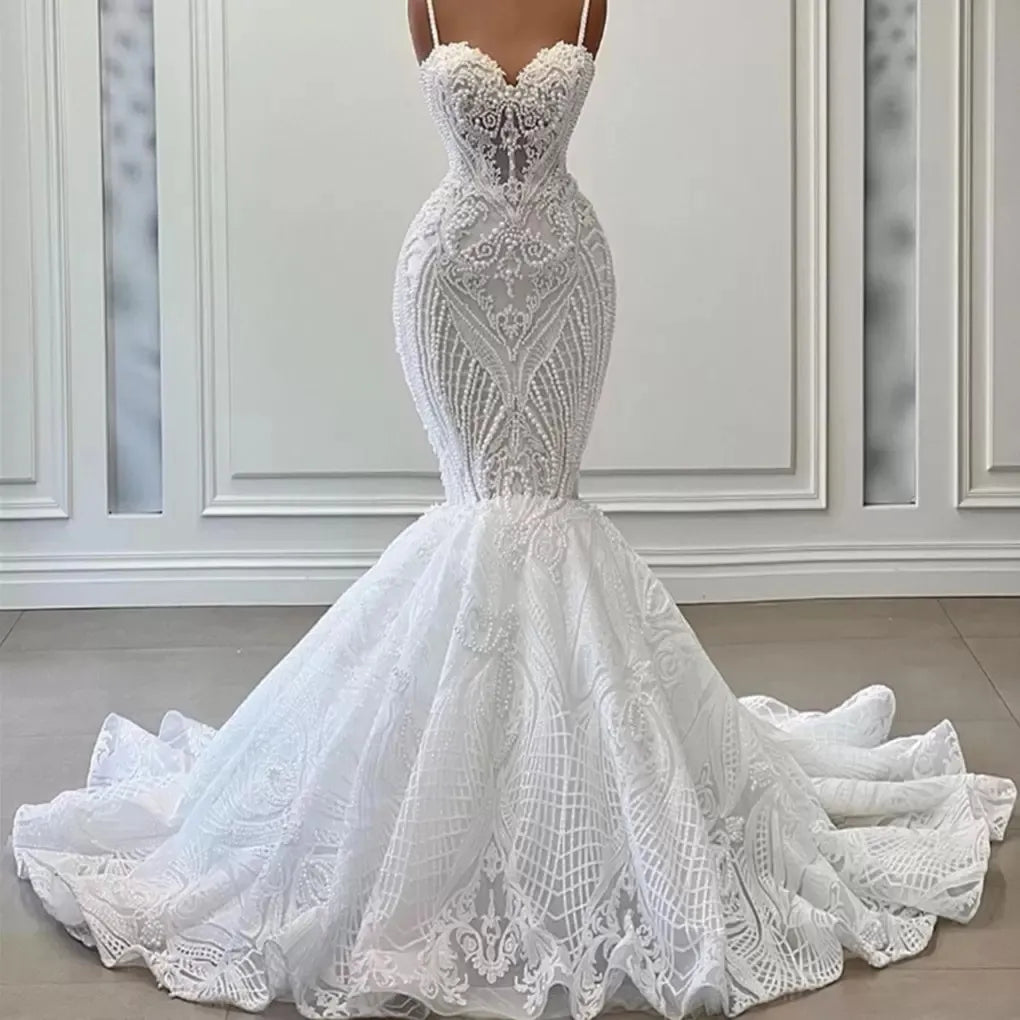 Fancy Pearls Mermaid Wedding Dresses Lace Appliques Spaghetti Straps Bridal Gowns Custom Made Sleeveless Vestido de novia