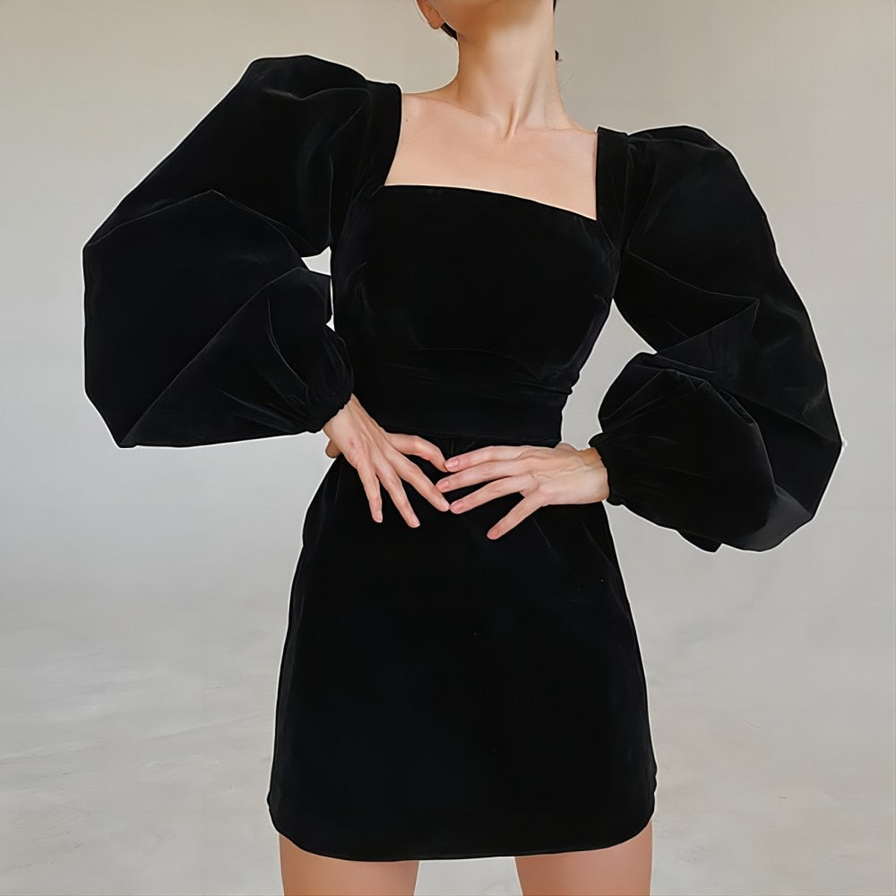 Amandina Luxe Square Collar Long Lantern Sleeves Velvet Mini Dress