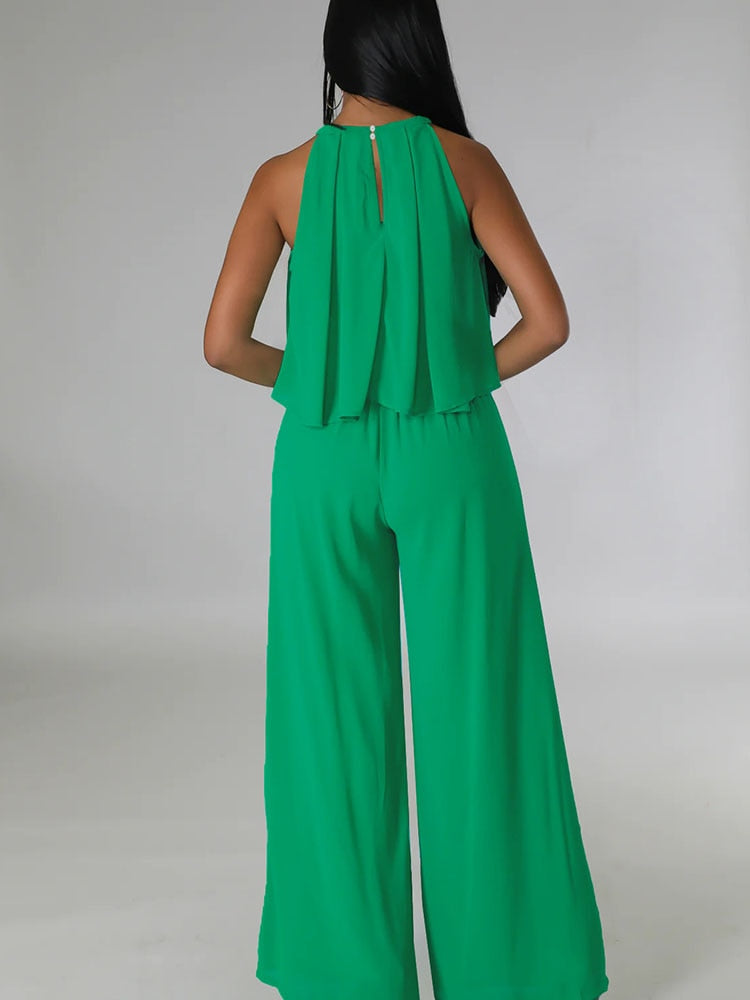 Znaiml Summer Sleeveless Ruffles Crop Top Loose Wide Leg Pants Suit for Women Clothes Chiffon Two Piece Set Vacation Club Outfit