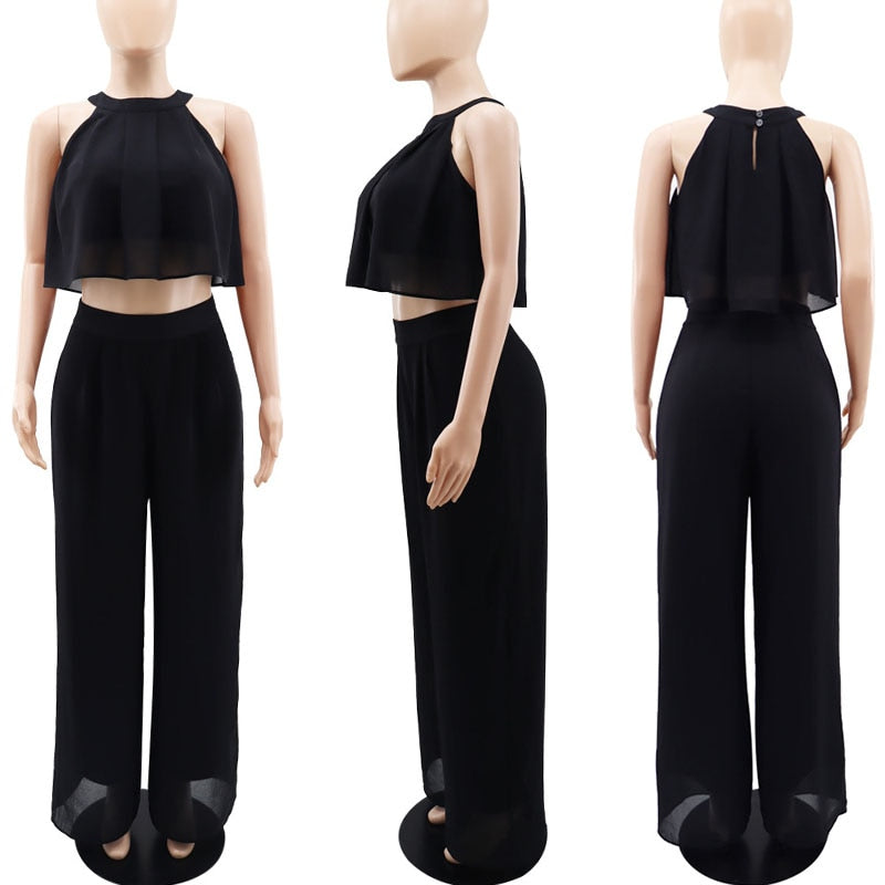 Znaiml Summer Sleeveless Ruffles Crop Top Loose Wide Leg Pants Suit for Women Clothes Chiffon Two Piece Set Vacation Club Outfit