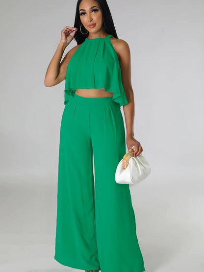 Znaiml Summer Sleeveless Ruffles Crop Top Loose Wide Leg Pants Suit for Women Clothes Chiffon Two Piece Set Vacation Club Outfit