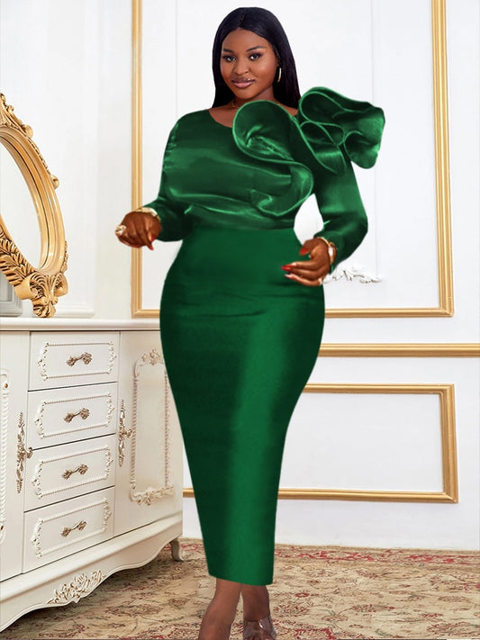 Plus Size Long Dress for Women Ruffles High Waist Dark Green dress Evening Birthday Wedding Party Event Ball Gowns Christmas