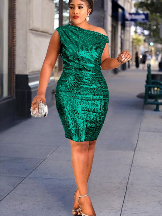 curves Sequins Dress Women Club Wear Bodycon One Shoulder Robes Femmes African Sleeveless Mini Inclined Shoulder Ball Gowns