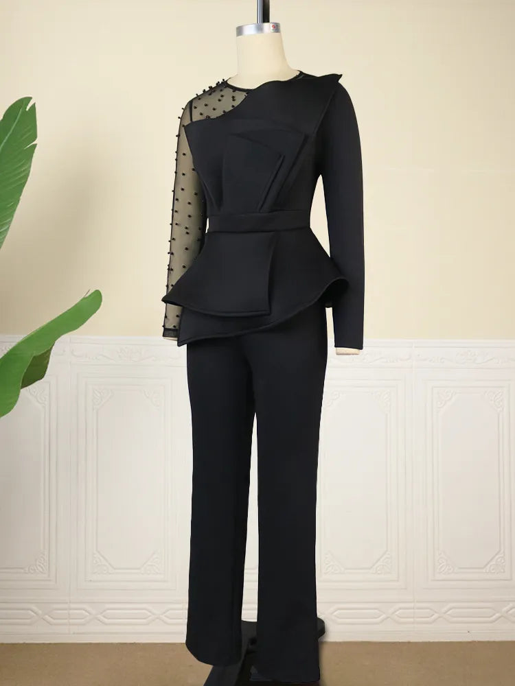 Jumpsuit for Women Dressy Elegant Beaded Long Sleeve High Waisted Peplum Wide Leg Party Club Rompers 1 Piece Outfit Fall 2023