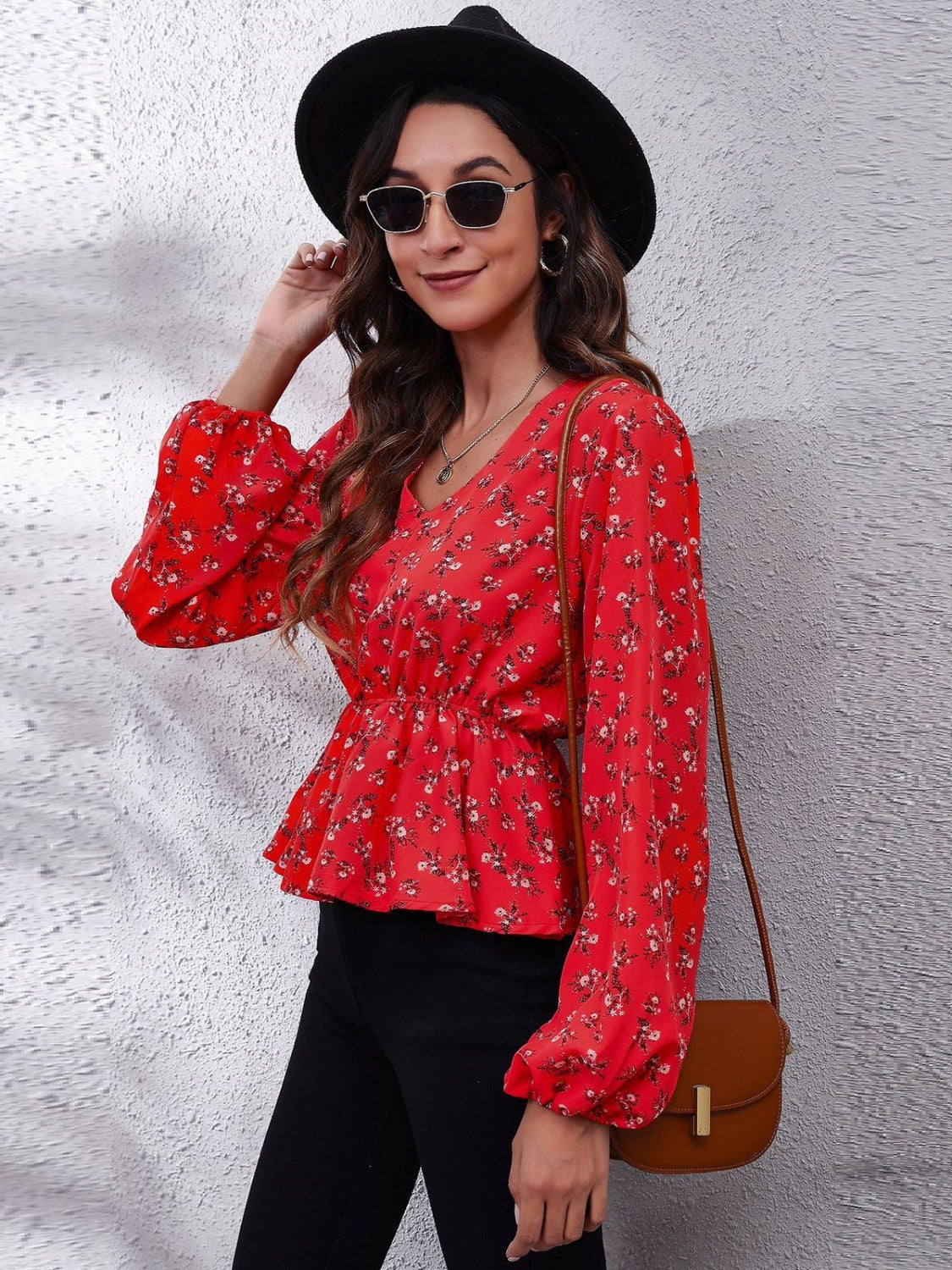 Ruched Printed V-Neck Long Sleeve Blouse