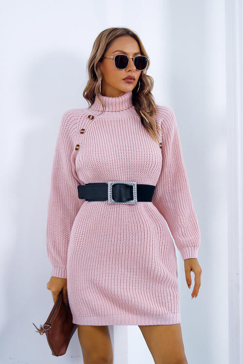 Buttoned Turtleneck Long Sleeve Sweater Dress