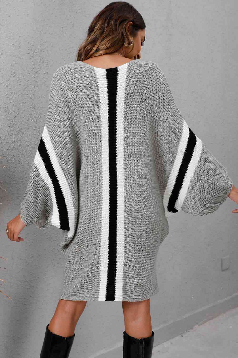 Ribbed Round Neck Long Sleeve Sweater Dress