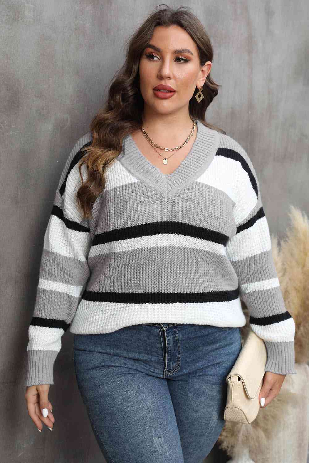Plus Size Striped V-Neck Dropped Shoulder Sweater