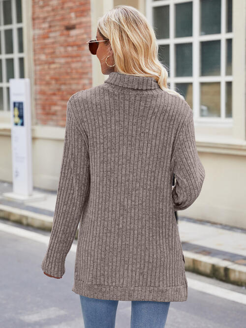 Ribbed Turtleneck Long Sleeve Slit Knit Top